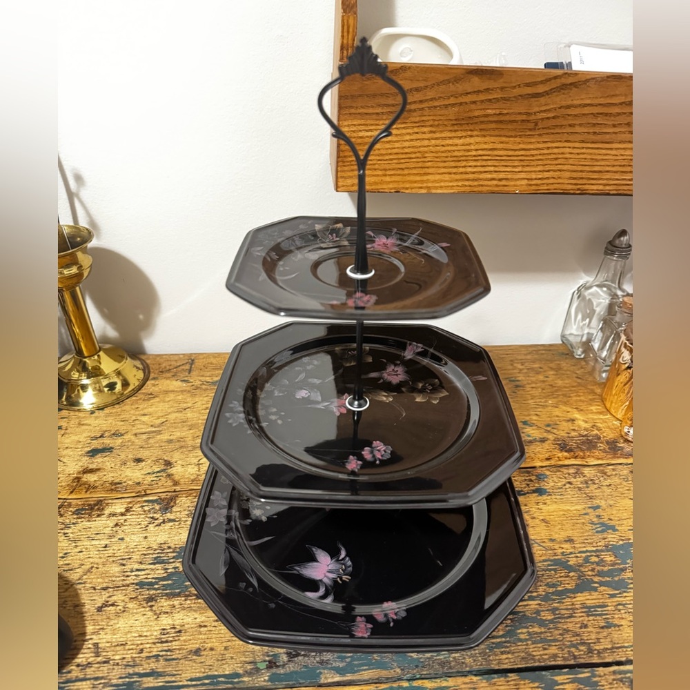 Mikasa Black Three-Tier Floral Dessert Stand